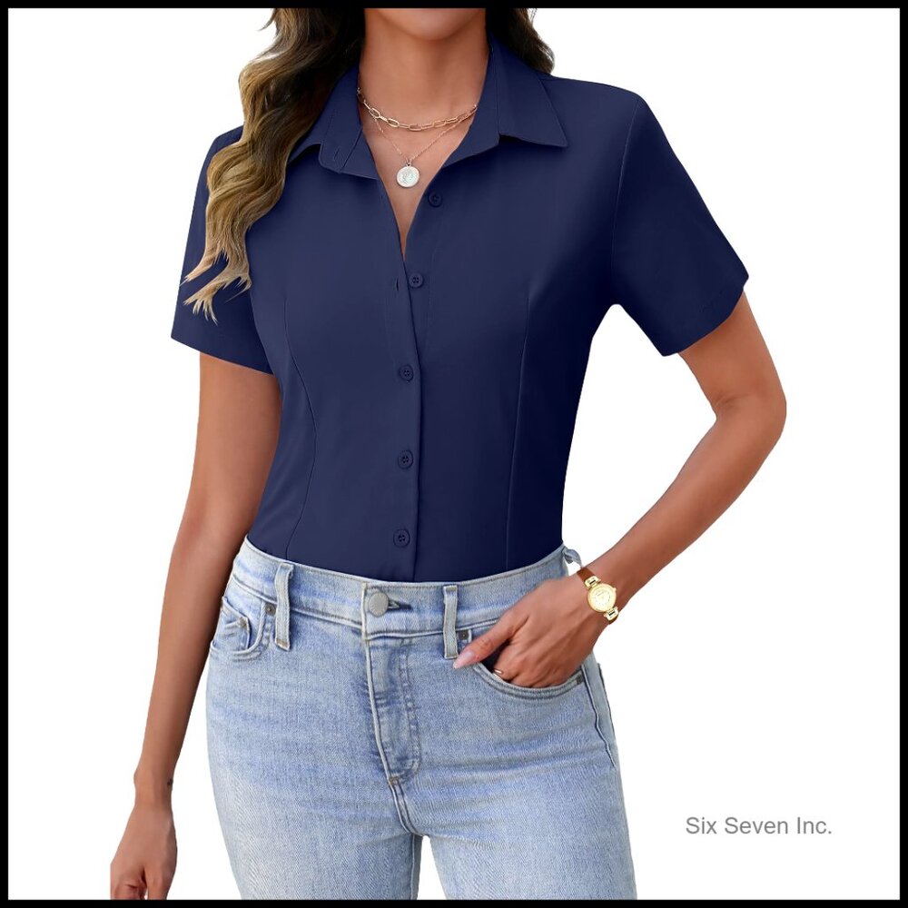 Polyester Button Down Shirt Short Sleeve Business Blouse